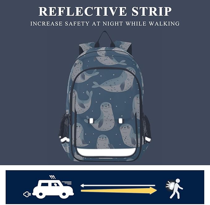 Jucciaco Seal Cartoon School Backpack Laptop Travel Backpack for Kids Girls Boys, Computer Notebooks Bookbag with Reflective Stripes