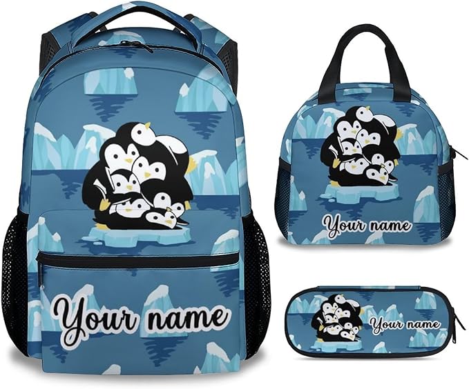 COOPASIA Personalized Penguin Backpack with Lunch Box and Pencil Case, 16 Inch Penguin Theme Bookbag with Adjustable Straps, Durable, Lightweight, Large Capacity, School Backpack for Girls Women