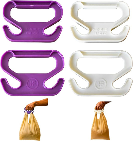 Handle Magic (4 Units) Bag Carriers | Ergonomic Grip and Bag Holder | Pocket Size | Lightweight & Comfortable for Shopping & Travel - Made in USA (White Purple)