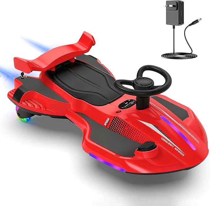 12V Electric Wiggle Car with Pedal for Kids, Rechargeable 2 in 1 Swing Car, Drifting Ride On Toys with Backrest, Anti-Rollover, Spray, Flashing Light, Music, for Ages 3 and Up