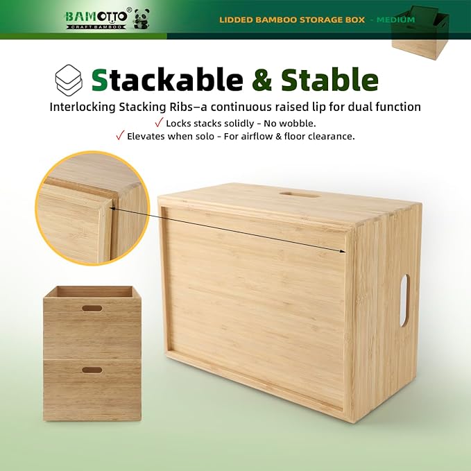 BAMOTTO Lidded Bamboo Storage Bins & Box/Cube/Basket, Home Kitchen and Office Storage Boxes with Handles & Stackable for Organizer Tableware, Clothing, Toys, Office Shelf Books, 14.6”x10.2”x6.5”