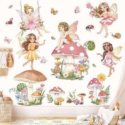 decalmile Pink Fairy Girls Wall Decals Large Mushroom Flower Butterfly Wall Stickers Girls Bedroom Baby Nursery Kids Room Wall Decor
