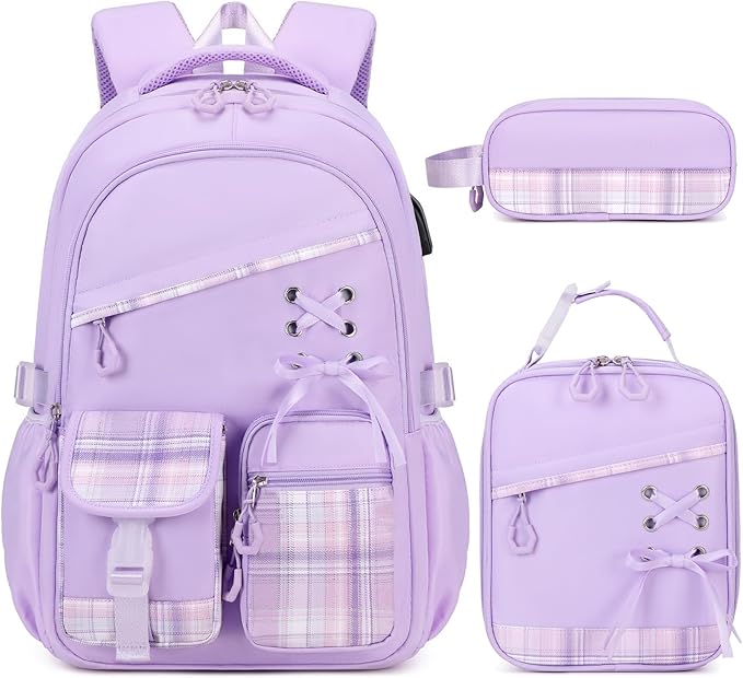 DIGOBAY Backpack for Girls - 3PCS Girls Backpack with Lunch Box & Pencil Pouch Plaid School Backpacks for Elementary Middle High College School Bookbag for Teen Girl Kids Students Purple