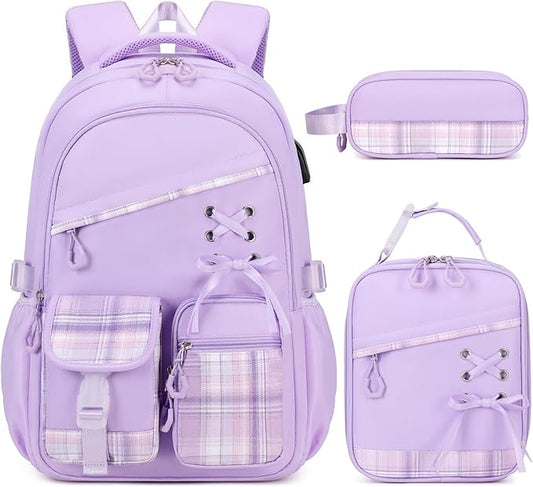 DIGOBAY Backpack for Girls - 3PCS Girls Backpack with Lunch Box & Pencil Pouch Plaid School Backpacks for Elementary Middle High College School Bookbag for Teen Girl Kids Students Purple