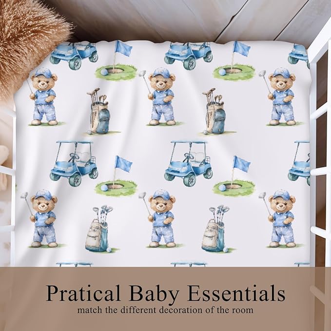 Cute Bear Golf Cart Blue Baby Crib Sheet for Boys Girls 52x28x9 in Bears Sport Golfing Flag Club Fitted Crib Mattress Cover for Standard Crib and Toddler Outdoor Sports Bed Sheet Animal One Size