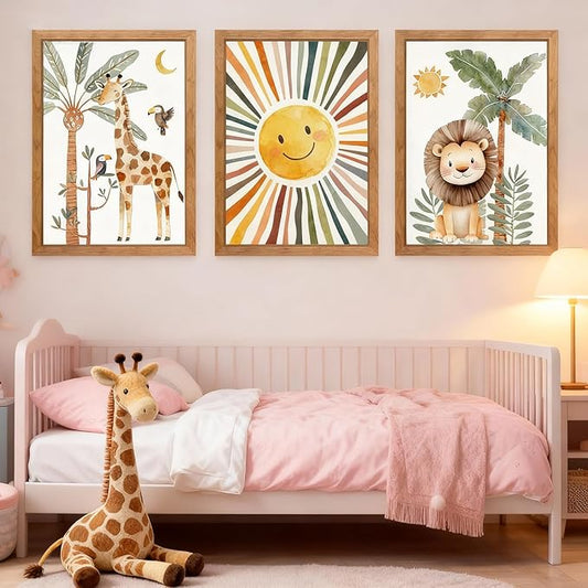 Cute Sun Lion Giraffe Quote Framed Wall Art Set of 4, 11x16 Boho Educational Animal Wall Sign for Baby Girl Kid Boy Toddlers, Wooden Inspirational Nursery Wall Decor Natural