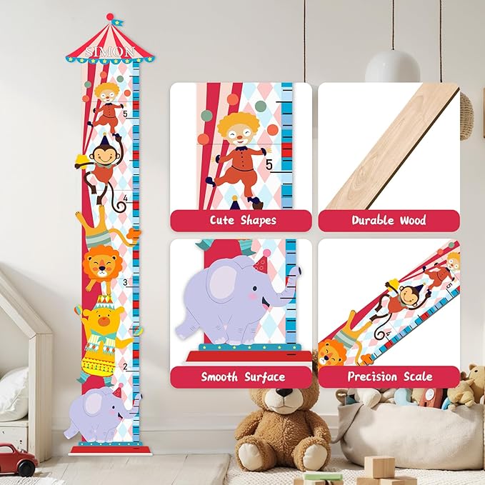 Woodemon Personalized Growth Chart for Wall, Circus Animals Height Measurement for Kids, Wooden Growth Chart for Kids Room Nursery Wall Decor