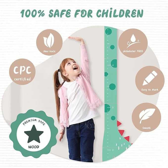 Woodemon Wooden Dinosaur Height Chart – Personalized Name Growth Chart for Kids, Wall Decor 63" x 17.4"
