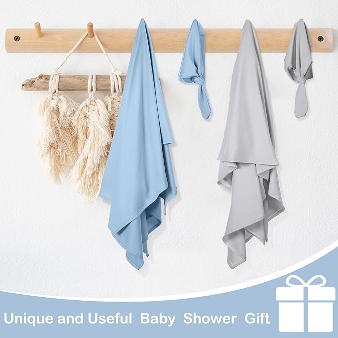 JaGely 2 Pack Baby Newborn Swaddle Blanket and Hat Set 47" x 47" Large Stretchy Receiving Blankets Set for Newborn Baby(Light Gray, Light Blue)