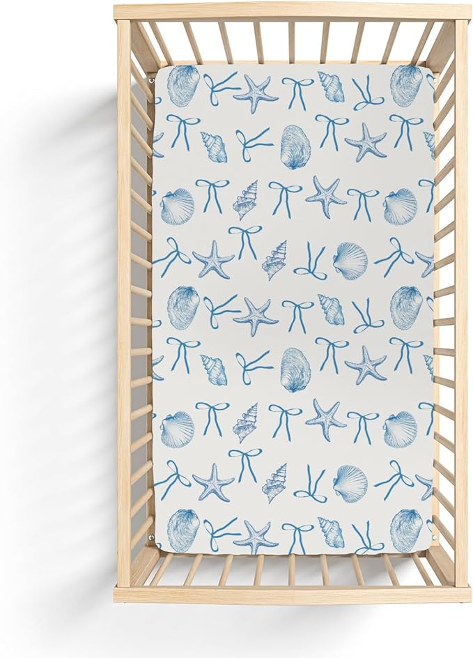 Summer Conches Bows Sea Baby Crib Sheets for Boy Girl 52"x28" Ocean Seashells Beach Soft Snug Fitted Crib Mattress Covers Boho Nautical Life Baby Sheet for Standard Crib and Toddler Bed Mattress