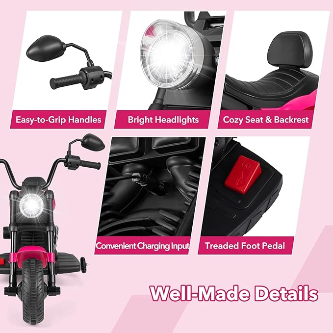 HONEY JOY Toddler Motorcycle, 6V Battery Powered Electric Motorcycle for Kids, Detachable Training Wheels, Music, Foot Pedal, Headlights, Forward/Backward, 3-Wheel Ride On Toy for Boys Girls (Pink)