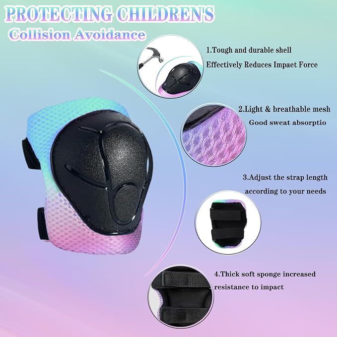 Kids/Youth Knee Pads and Elbow Pads Set for Kids 3-14 Years Boys Girls Protective Gear Set Adjustable Knee Pads, Elbow Pads, Wrist Guards Skateboard Skating Skiing Cycling Biking Running Scooter