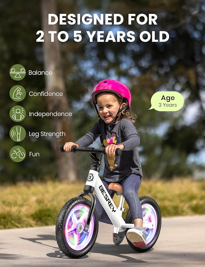 besrey Toddler Balance Bike 2 Year Old, All-Metal Frame | 12" Motion-Activated Lighting Wheels | All-Terrain | Kids Bike with Padded Adjustable Seat | Gift Bike for Boys Girls 2 3 4 5 Years Old