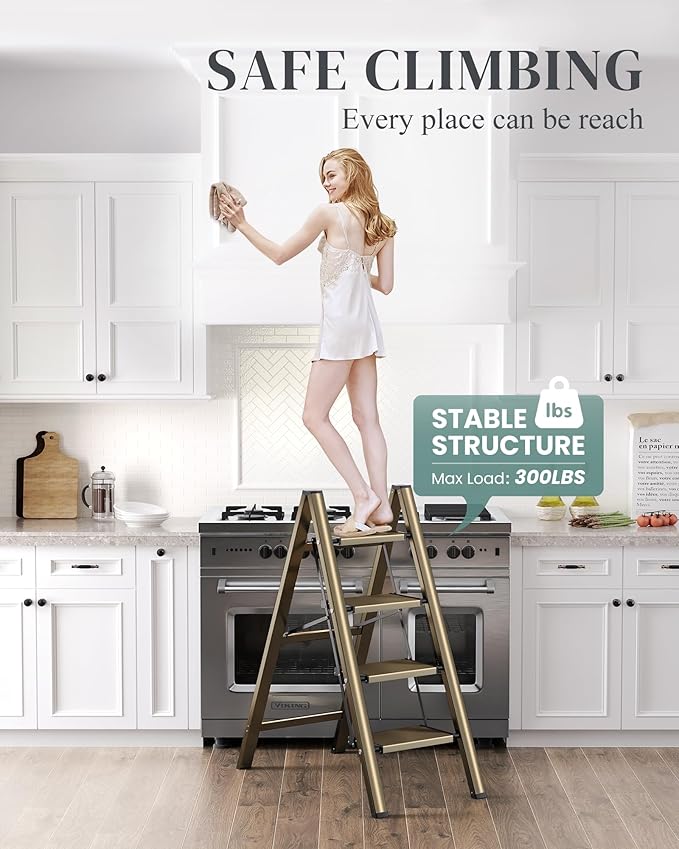 GameGem 4 Step Ladder, Folding Step Stool with Wider Pedal, Anti-Slip Feet & Non Slip Stripes, Aluminum Sturdy Material, 300Lbs Capacity, Elegant Look of Champagne Gold Better Matches Your Home