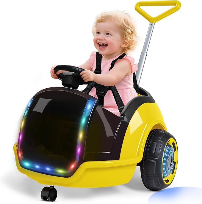 ANPABO 3-in-1 Electric Push Ride On Car, 12V Kids Ride On Toy w/Remote Control, 360° Spin, 5-Point Safety Belt, Colorful LED Light, Music Player, Push Car for Toddler Ages 1-3 (Yellow)