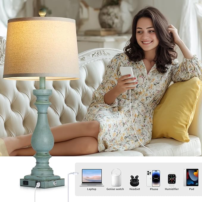 luxeflow 29" Tall Coastal Table Lamps Set of 2,Retro Blue Bedside Lamps with USB C+A Ports & AC Outlet,3-Way Dimmable Touch Lamp for Night Stands Living Room Bedroom,Blue