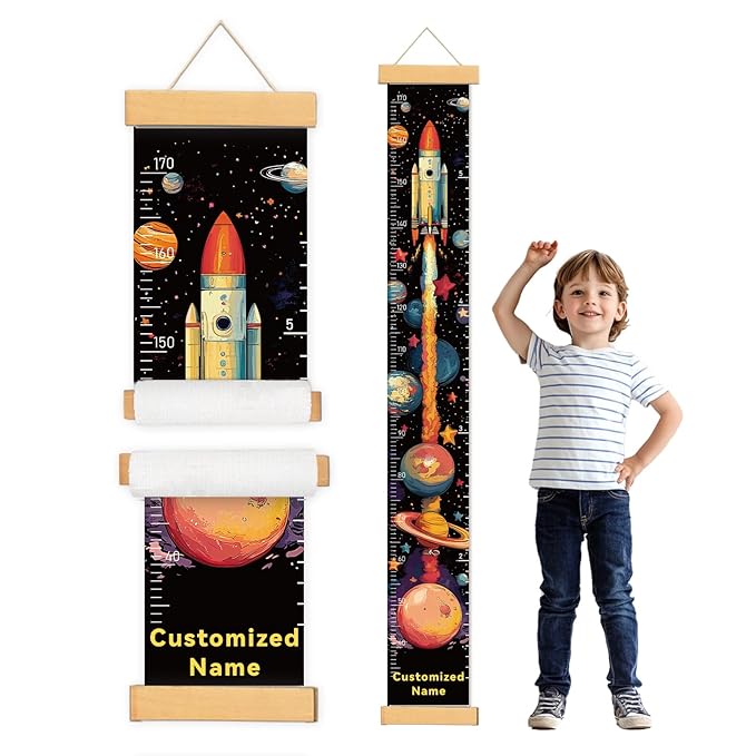 Woodemon Personalized Name Kids Growth Chart for Wall, Rocket Premium Canvas Removable Height Chart for Kids, Height Measurement for Wall, Height Chart for Kids & Babies, Kids Nursery Decor