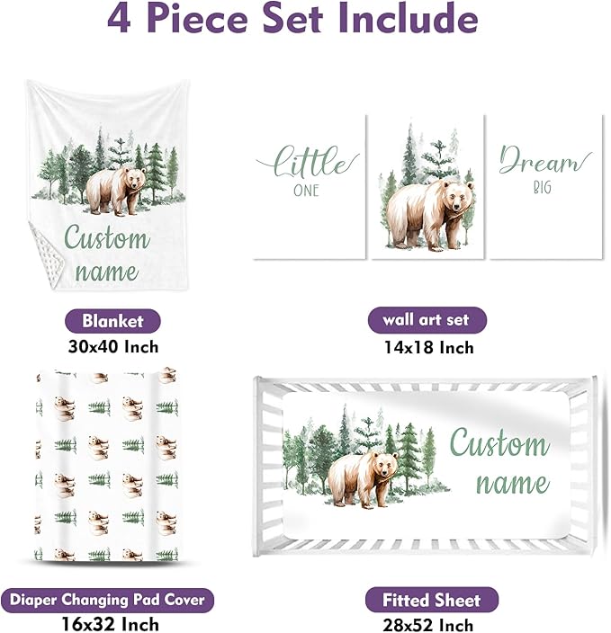 Personalized Baby Crib Bedding Set: 4 Piece Custom Gift Crib Bed Set with Name - Brown Bear Theme, Nursery Bedding Set for Baby Girls,Newborn Boys Girls Crib Sets, Crib Bedding Shower Gifts