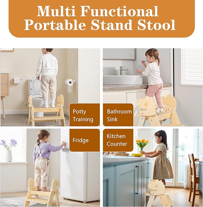TinyHaven Wooden Toddler Step Stool, 2-Step Foldable Stool for Kids with Non-Slip Surface, Baby Bathroom Stool for Potty Training, Bathroom Sink, Kitchen Counter with Cute Dinosaur Design, Natural