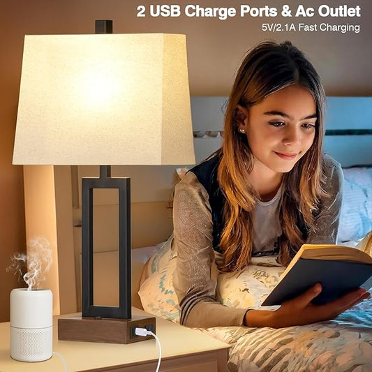 Lolikit Table Lamp for Bedroom Set of 2 with 2 USB Ports and AC Power Outlet, 23.5" Modern Bedside Lamp, Wood Nightstand Lamp with Linen Shade for Living Room Hotel Desk(LED Bulb Included)