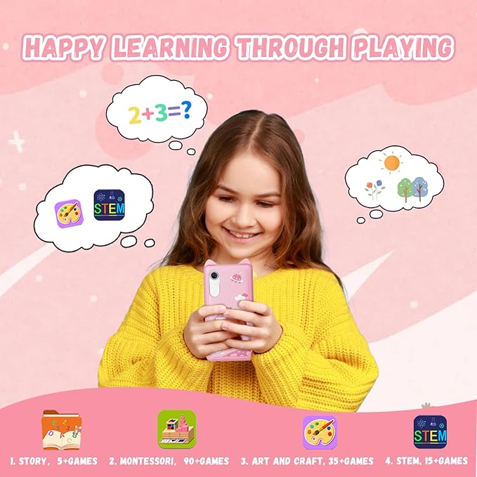 Kids Smart Phone for Girls, 3.97" Touchscreen Kids Phone Toys for 3-12 Birthday, Dual Camera, Built-in 8G SD Card Cell Phone for Boys Girls Toys(Pink)