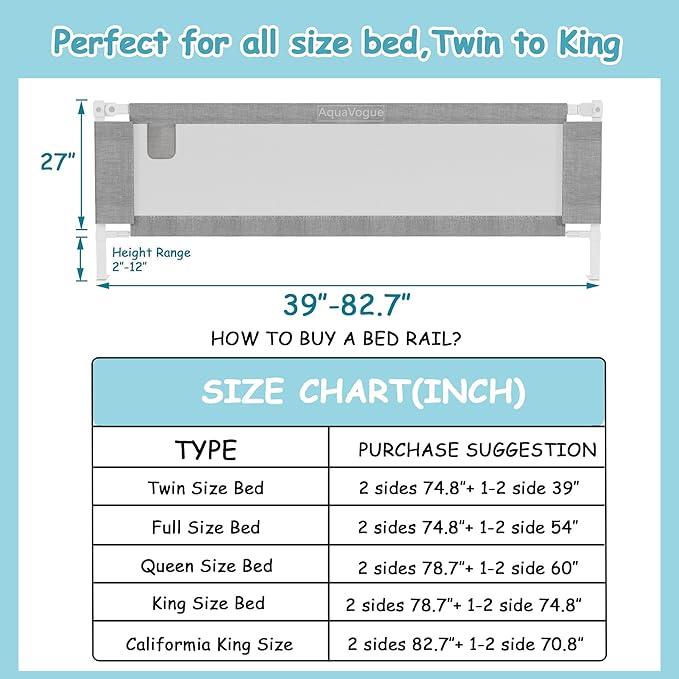 3-Pack King Size Bed Rails for Toddlers -Height Adjustable Baby Bed Rail Guard Specially Designed for King Size Bed (78.7"x78.7"x74.8"-Grey)