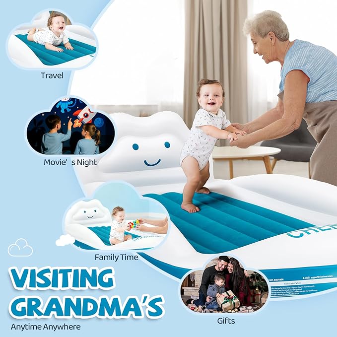 Inflatable Toddler Travel Bed, Portable Toddler Bed with 4-Sides Safety Bumpers & Fast Auto Inflation Pump, Kids Air Mattress for Travel Camping, Grandma's Home Sleepovers Blow Up Mattress