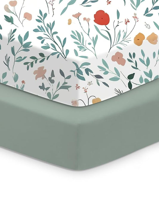Baby Crib Sheets Boy Girl for Standard Crib Mattress - Soft Green Leaf+Flower, Ultra Soft Jersey Knit, Safe and Cozy, Fits 28''x52''x9'' Extra Deep Pocket