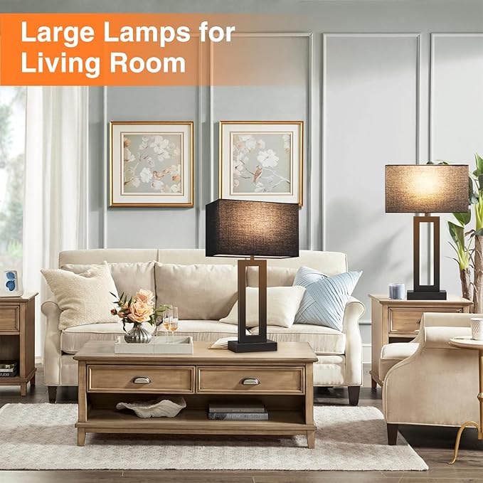 Modern 22" Tall Bedside Lamps - Touch Control, USB C+A, 3 Way Dimmable, Set of 2 (Black)