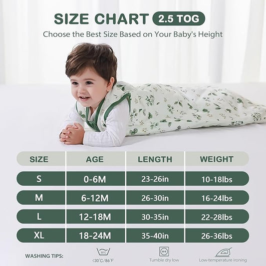 Mosebears Sleep Sack Baby Winter Wearable Blanket with 2-Way Zipper,2.5 TOG Cotton Sleep Sack Unisex(Plant,18-24 Months)