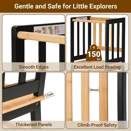 COSYLAND Kids Kitchen Step Stool Helper - Wooden Standing Tower for Kids with Anti-Tip Support Legs (Black & Natural)