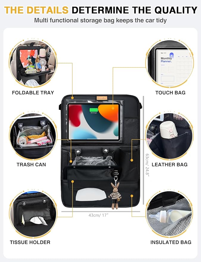 Drsvabze 2-Pack Leather Car Backseat Organizer with Tablet Holder–Foldable Food Tray,Storage Pockets,Trash Can,Tissue Holder & Insulated Bag–Kick Mats Protector for Kids,Travel Accessories Organizer