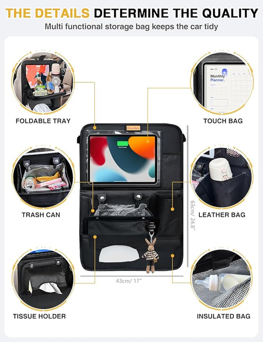 Drsvabze 2-Pack Leather Car Backseat Organizer with Tablet Holder–Foldable Food Tray,Storage Pockets,Trash Can,Tissue Holder & Insulated Bag–Kick Mats Protector for Kids,Travel Accessories Organizer