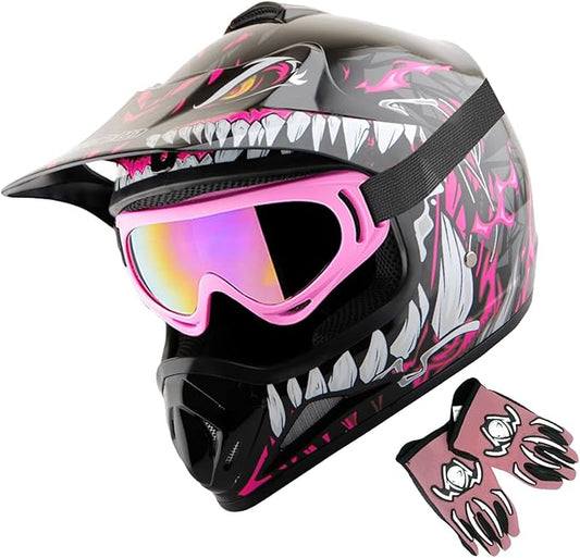 WOW Youth Kids Motocross BMX MX ATV Dirt Bike Dianosour Helmet Dragon + Goggles + Martian Youth Glove Bundle: HJOY MG Bundle