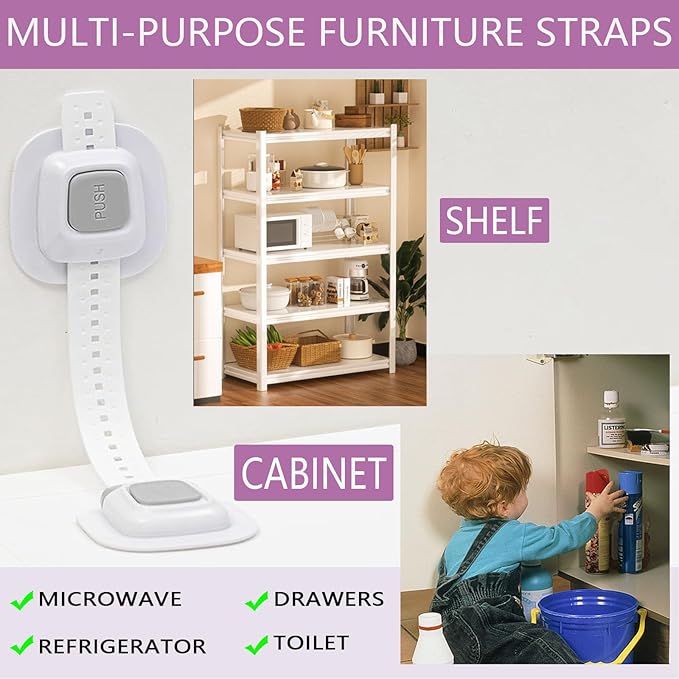 No Drill Furniture Anchor, Anti-tip and Adjustable Strap for Baby Proofing, 3M Adhesive Multi-Purpose for Furniture, Secure to Playroom (4 Pack)