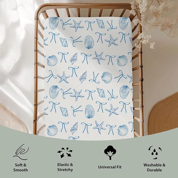 Summer Conches Bows Sea Baby Crib Sheets for Boy Girl 52"x28" Ocean Seashells Beach Soft Snug Fitted Crib Mattress Covers Boho Nautical Life Baby Sheet for Standard Crib and Toddler Bed Mattress