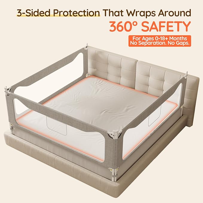 colorfarm Queen Size Toddler Bed Rail 3-Sided Bed Rail Guard with Safety Lock - Adjustable Bedrails for Baby Infant Child (78.7x78.7x59)