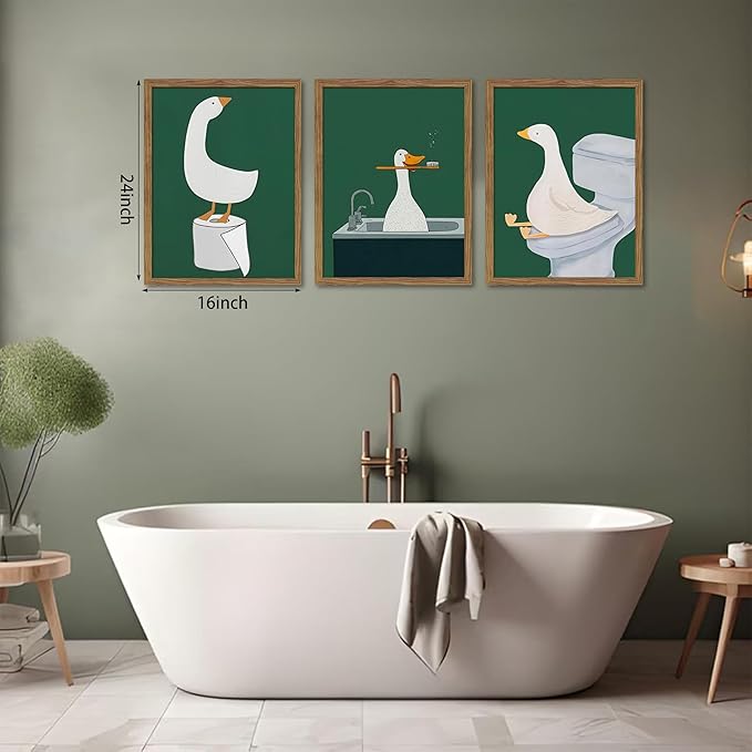 Framed Silly Goose Wall Art Bathroom Art Wall Decor Set of 3, Funny Gooses Poster Print, Dark Green Nursery Decor, Cute Animal Pictures Canvas for Kids Bathroom Washroom – 16x24 inch