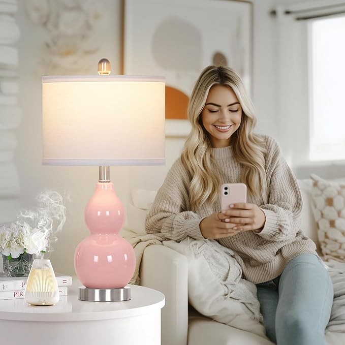 luxeflow 22" Double Gourd Ceramic Table Lamps Set of 2, Pink Modern Bedside Lamps for Living Room, Contemporary Nightstand Desk Lamps for Bedroom End Table Home Office Decor(2 LED Bulbs Included)
