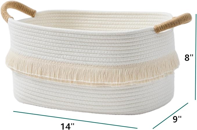 BUBUSUN Storage Bins Woven Baskets for Storage Set of 3, Cotton Rope Basket with Handles for Toys/Shelves/Laundry, Rectangle Multi-Purpose Organizer for Living Room, Bedroom, Nursery (White)