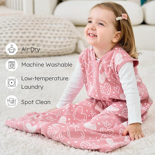 Baby Sleep Sack 6-12 months, 100% Cotton Sleeping Sack for Newborn and Infant, 3 Pack Baby Wearable Blanket for Boy and Girl, 0.5 Tog Lightweight Double Zipper Sleep Bag Pink Heart