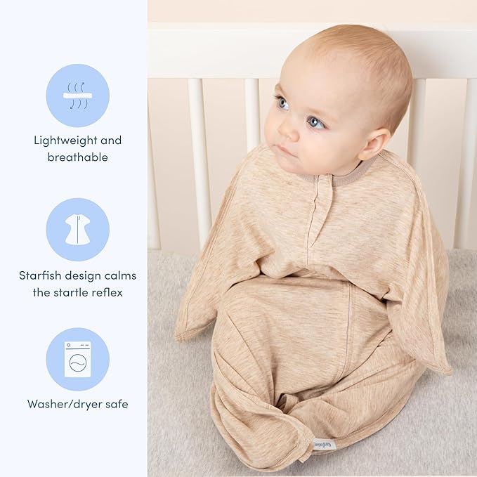SleepingBaby Zipadee-Zip Transition Swaddle - Cozy Baby Swaddling Blanket with Zipper Convenience - Roomy Wearable Blanket for Easy Diaper Changes - 12-24 Month - Balanced Beige Heather