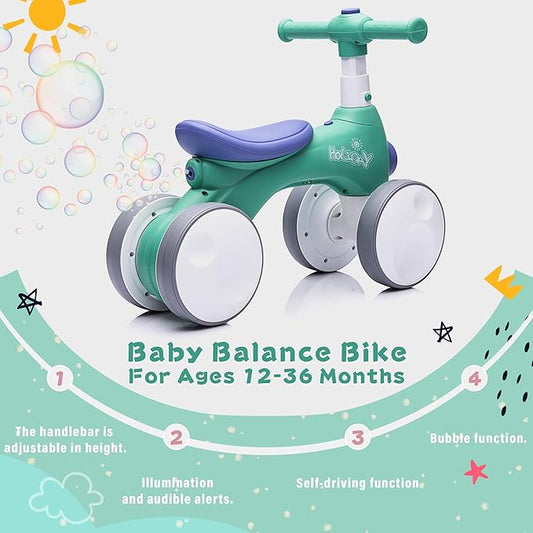 Baby Toddler Balance Bike with Bubble Machine for 1 Year Old Children,4 Wheels Kids Balance Bike w/Bubble Maker,Kids Ride on Toys,Headlight for Ages 12-36 Months Boys Girls (Green&Blue)