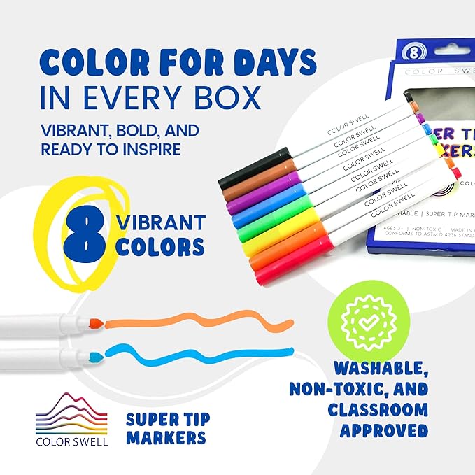 Color Swell Super Tip Washable Bulk Markers Pack 50 Boxes of 8 Vibrant Colors (400 Total Markers) Perfect for Kids, Parties, Classrooms