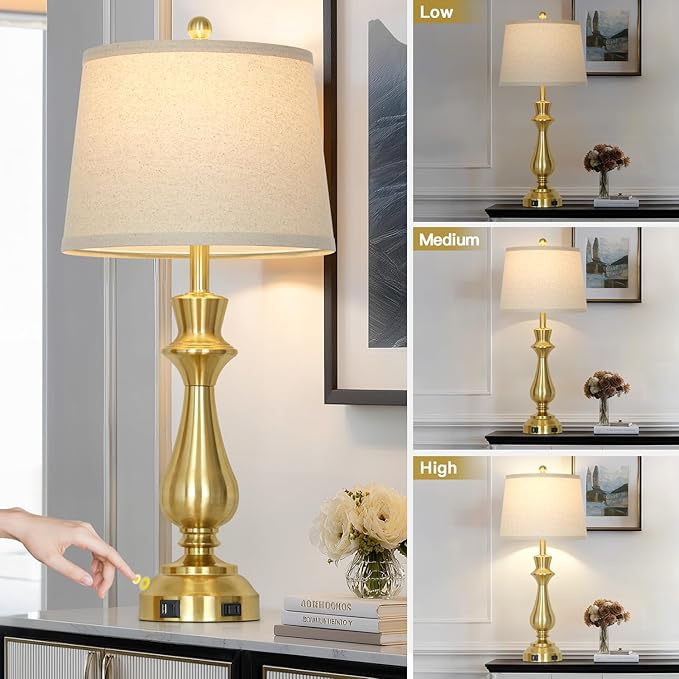 luxeflow Modern Gold Table Lamp for Living Room,30" Tall Bedside Lamp with USB Charging Port,3-Way Dimmable Touch Nightstand Lamp for Bedroom Desk Side Table Office,Gold-1P