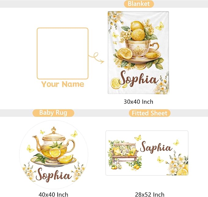 Personalized Baby Crib Bedding Set, 3 Pcs Custom Nursery Bedding Set with Name, Soft Baby Crib Set with Double Layer Blanket for Boys Girls, Customized Gifts for Infants Toddlers, Yellow Lemon