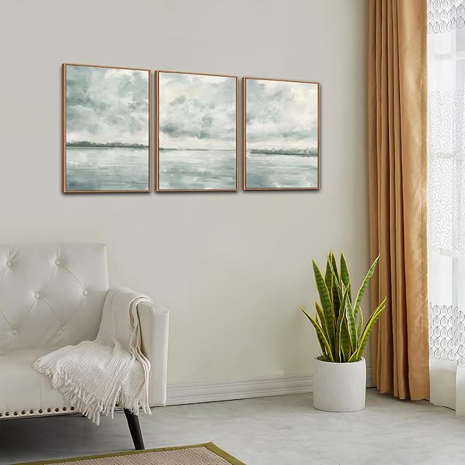 CHDITB Watercolor Sky Cloud Framed Canvas Wall Art Set, Pastel Shapes Illustrations Cloudy Wall Decor, Neutral Minimal Wall Painting, Blue Gray Ocean Art Prints For Living Room Bedroom Office Decor 16"x24"x3