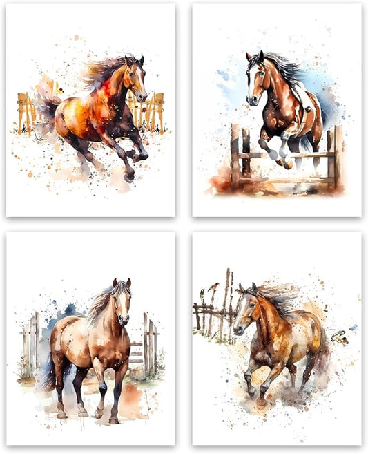 LNLAGBO Horse Wall Art,Watercolor Horse Print,Wild Horses Posters,Colorful Animal Canvas Art,Farm Running Horses Picture for Farmhouse Bedroom Home Decor Set of 4(8"X10"Unframed)