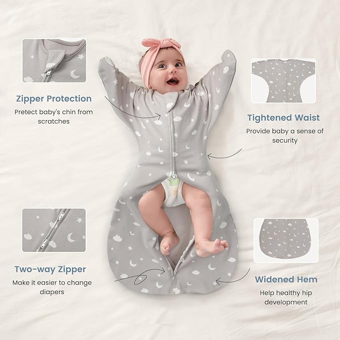 ZIGJOY Baby Transitional Swaddles for Newborns: 0.5 Tog Arms Up Sleep Sack 3-6-12 Months Soft Cotton Shark Fin 2 Way Zipper