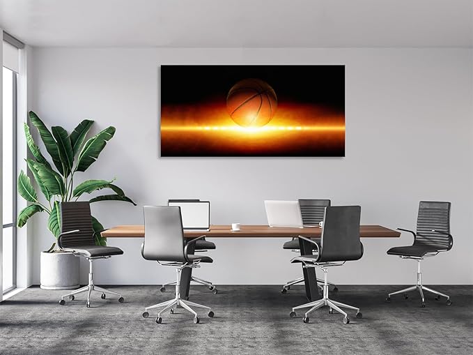 KUNHAAH Wall Art Canvas Painting Abstract Sports Background 1 Piece Basketball Bright Spotlight from Glowing Horizon Picture Poster Print Framed and Stretched Ready to Hang for Living Room Bedroom
